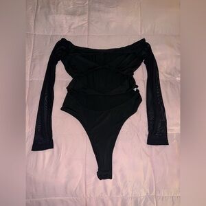 Black Sheer Sleeve Sexy Cutout Bodysuit Large